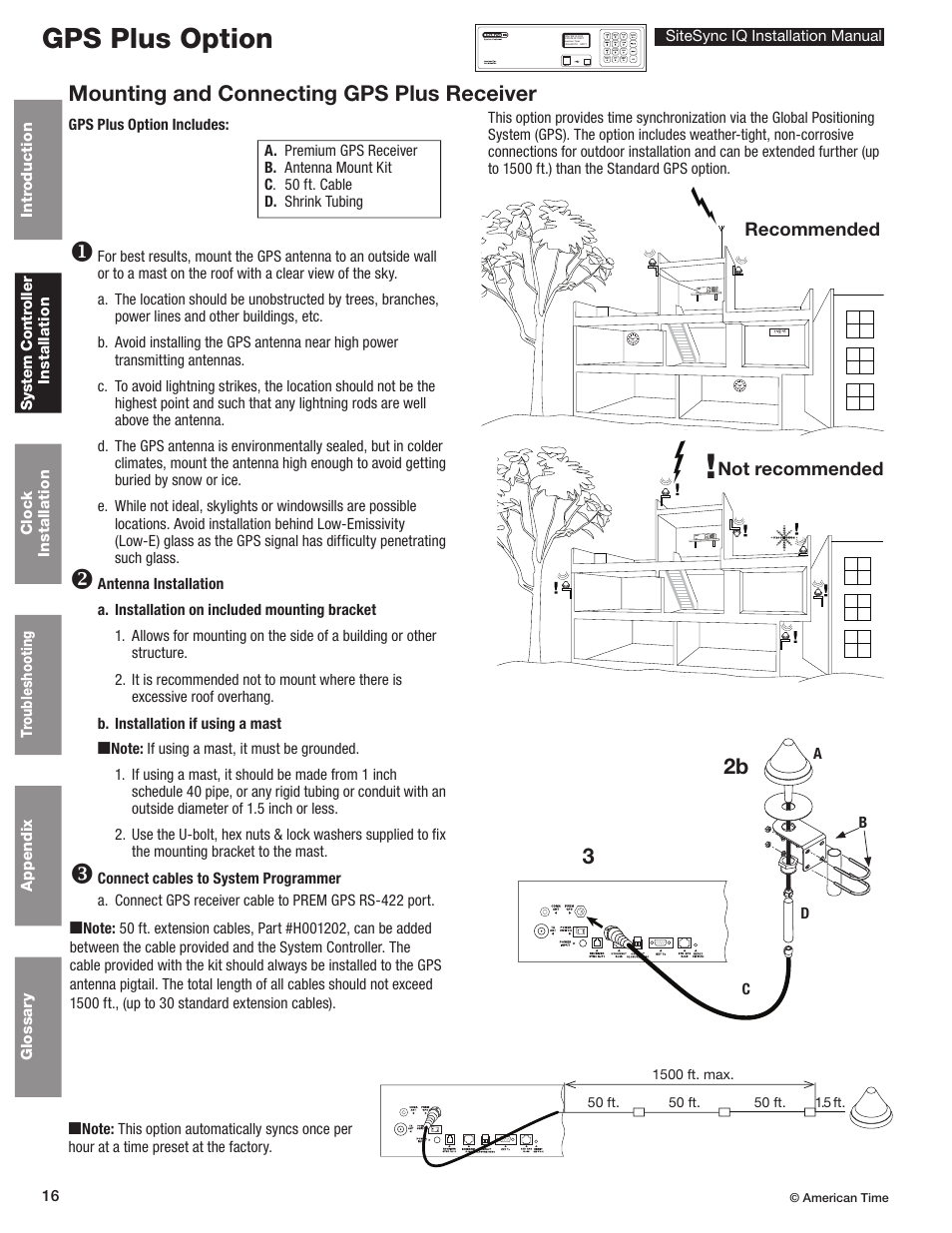 Gps plus installation & programming, Gps plus option u, Mounting and connecting gps plus receiver | American Time SiteSync IQ User Manual | Page 16 / 81