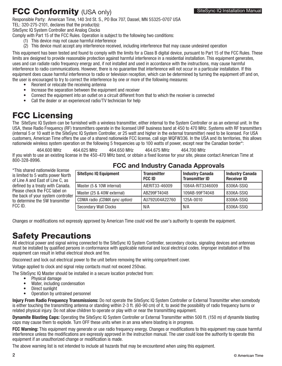 Fcc conformity, Safety precautions fcc licensing, Usa only) | Fcc and industry canada approvals | American Time SiteSync IQ User Manual | Page 2 / 81