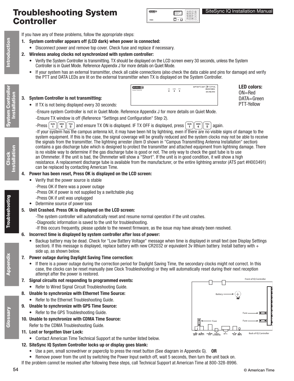 Troubleshooting, System controller, Troubleshooting system controller | American Time SiteSync IQ User Manual | Page 54 / 81