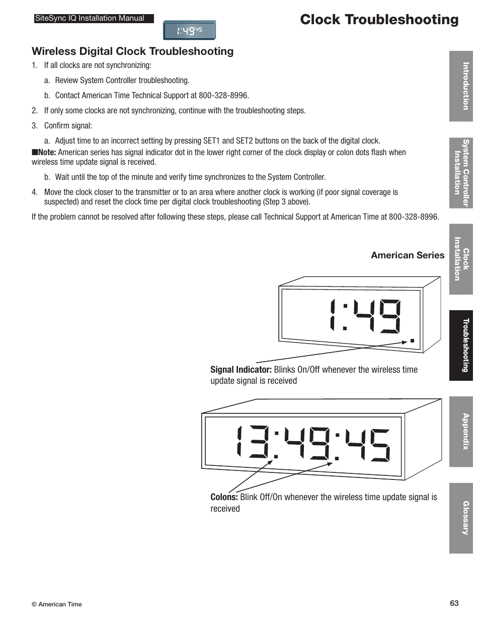 Digital clocks, Clock troubleshooting, Wireless digital clock troubleshooting | American Time SiteSync IQ User Manual | Page 63 / 81
