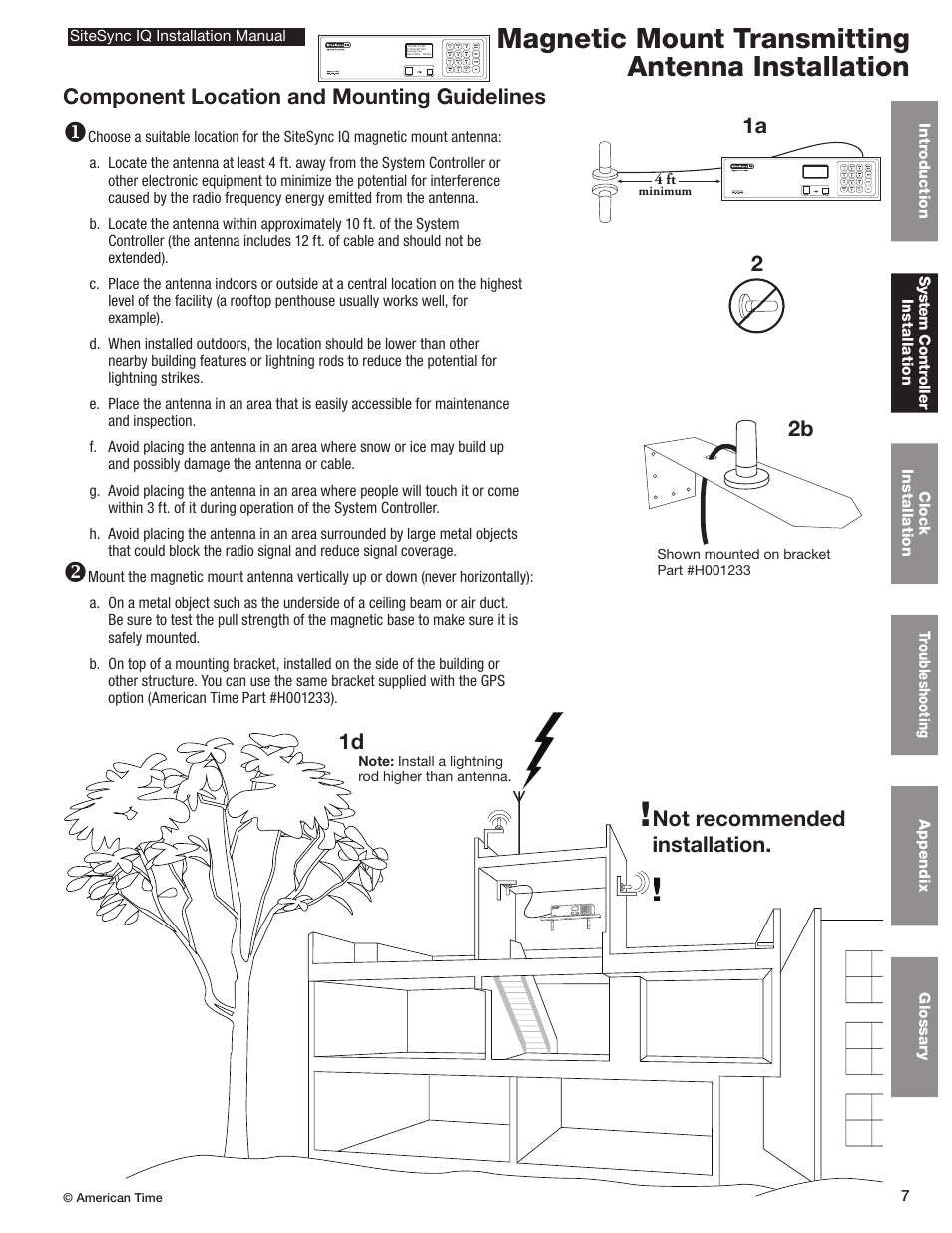 Controller w/magnetic mount transmitting antenna, Magnetic mount transmitting antenna installation, Not recommended installation | Component location and mounting guidelines, 1a 2b 2 1d | American Time SiteSync IQ User Manual | Page 7 / 81