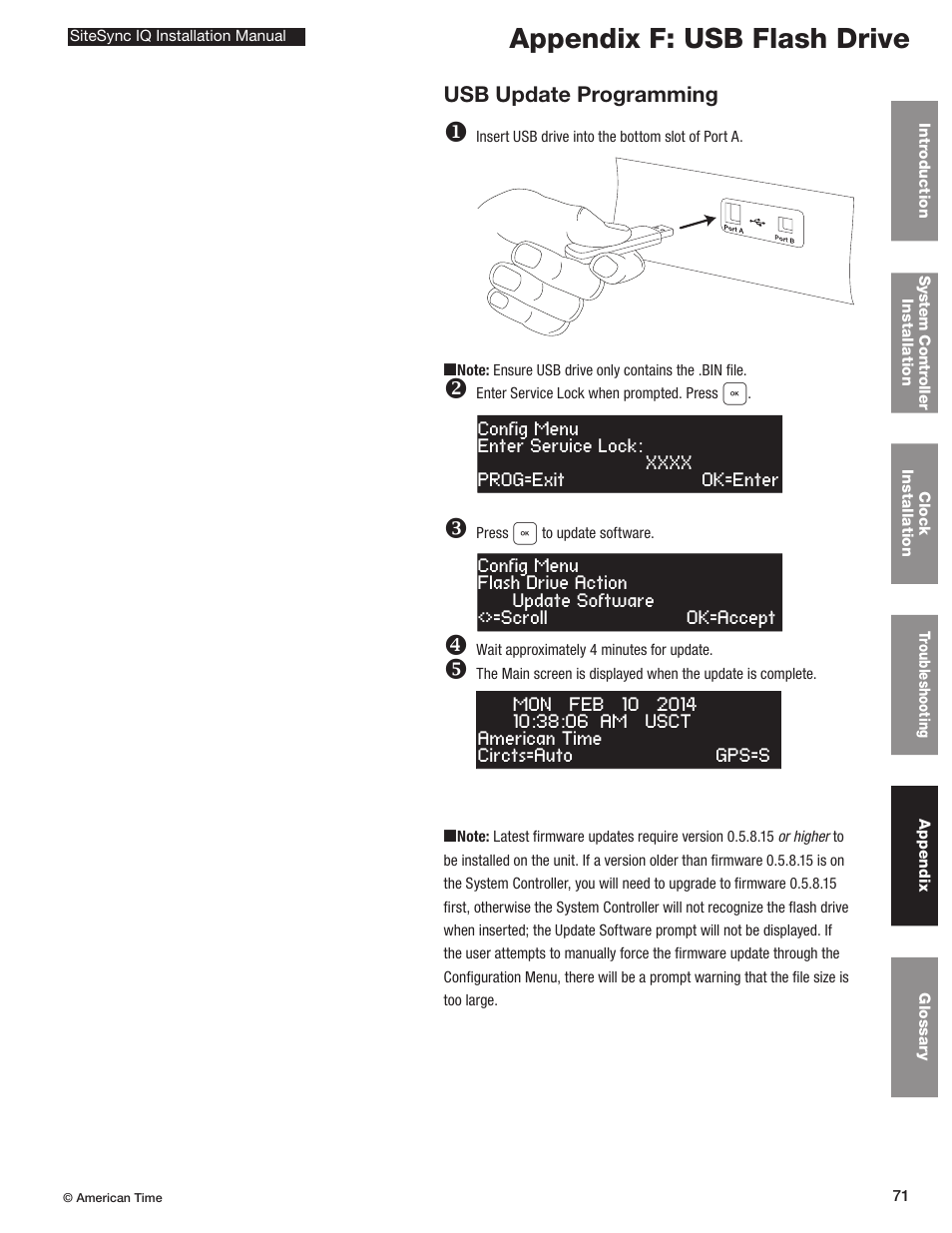 Appendix f: installing usb/flash drive update, Appendix f: usb flash drive, Usb update programming | American Time SiteSync IQ User Manual | Page 71 / 81