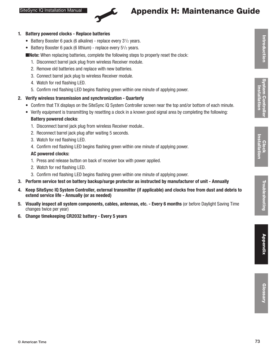 Appendix h: maintenance guide | American Time SiteSync IQ User Manual | Page 73 / 81