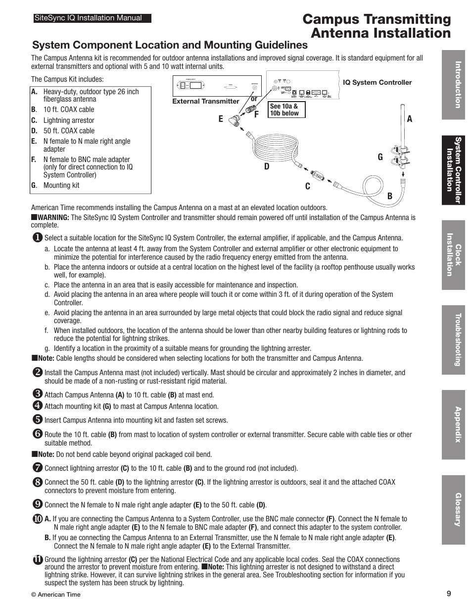 Campus transmitting antenna installation, System component location and mounting guidelines | American Time SiteSync IQ User Manual | Page 9 / 81