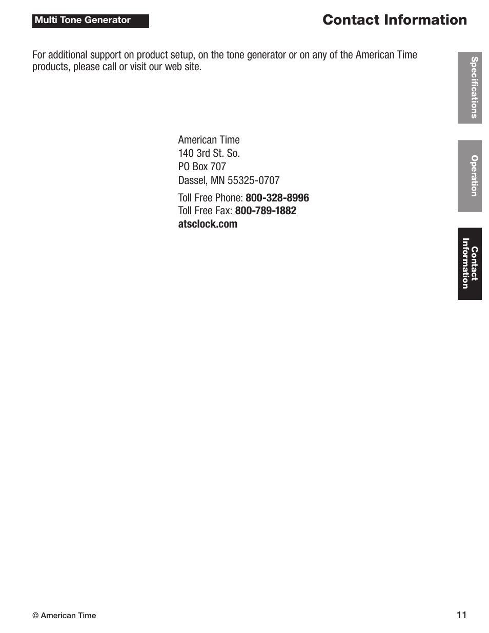 Contact information | American Time Wired Tone Generator User Manual | Page 11 / 11