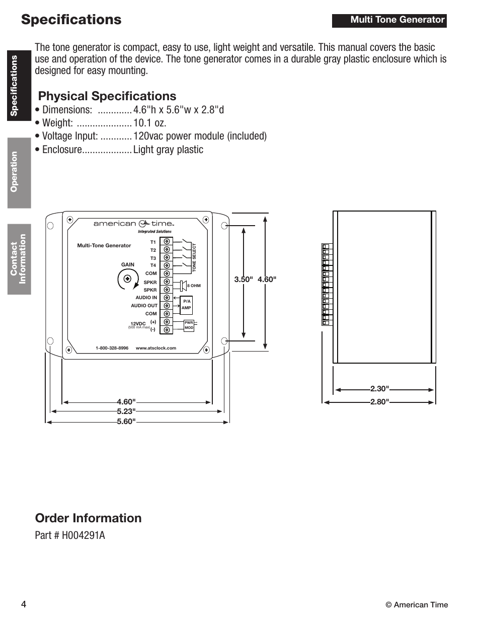Specifications, Physical specifications, Order information | 4multi tone generator | American Time Wired Tone Generator User Manual | Page 4 / 11