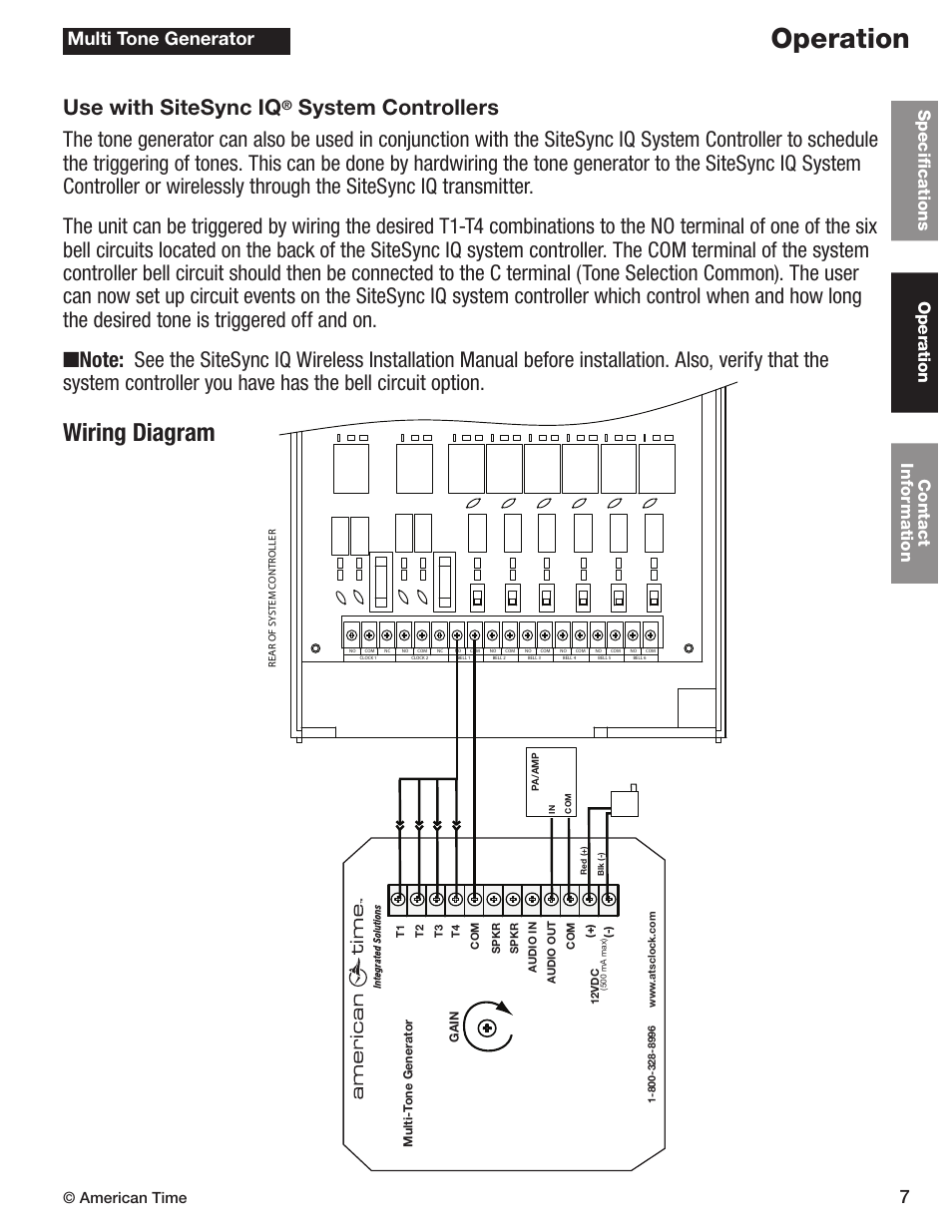 Operation, Wiring diagram, Use with sitesync iq | Multi tone generator, Contact information operation specifications, American time | American Time Wired Tone Generator User Manual | Page 7 / 11