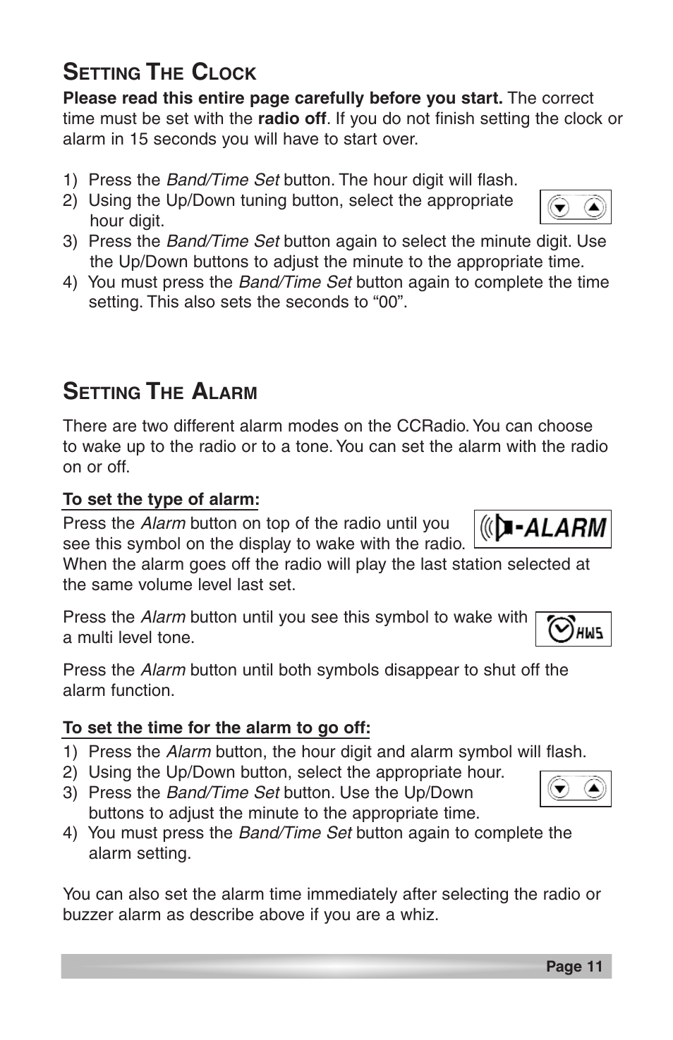 Setting the clock, Setting the alarm, To set type of alarm | To set the time for the alarm to go off | C. Crane CCRadio User Manual | Page 11 / 21