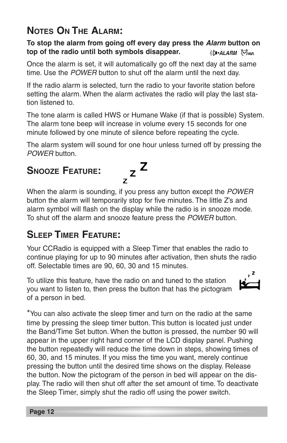 Notes on the alarm, Snooze feature, Sleep timer feature | C. Crane CCRadio User Manual | Page 12 / 21