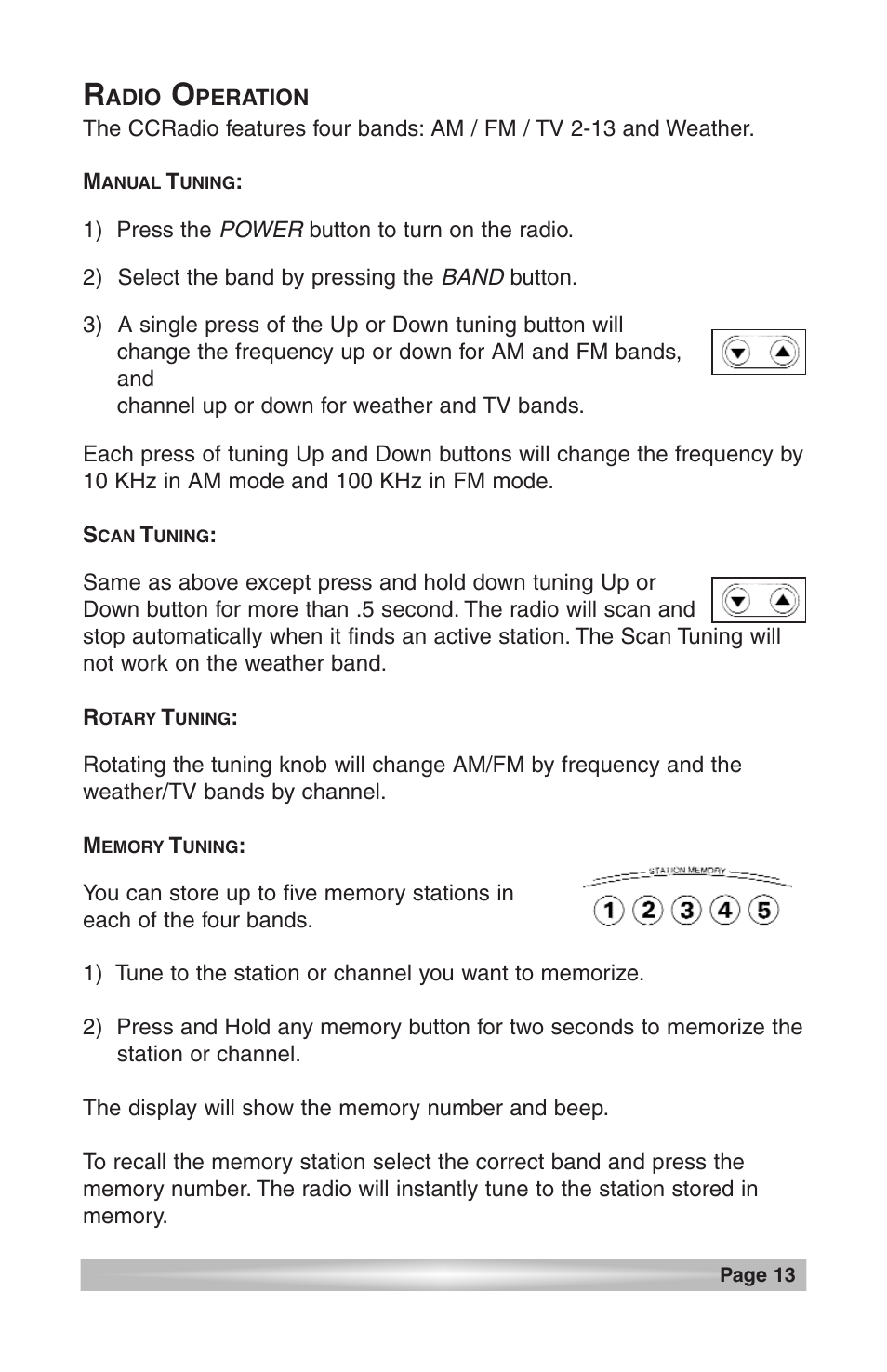 Radio operation, Tuning, Manual tuning | Scan tuning, Rotary tuning, Memory tuning | C. Crane CCRadio User Manual | Page 13 / 21