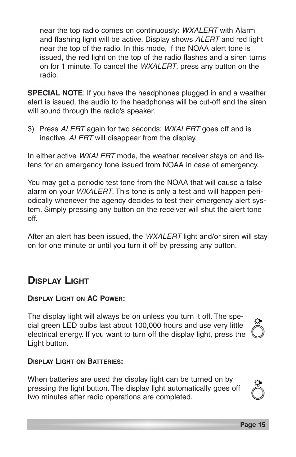 Special note, Display light, Display light on ac power | C. Crane CCRadio User Manual | Page 15 / 21