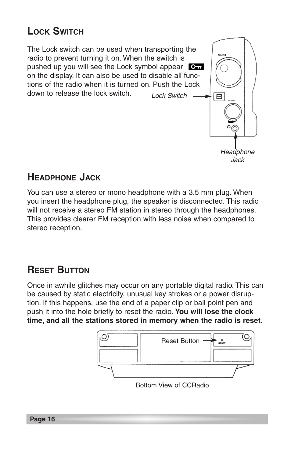 Display light on batteries, Lock switch, Headphone jack | Reset button | C. Crane CCRadio User Manual | Page 16 / 21