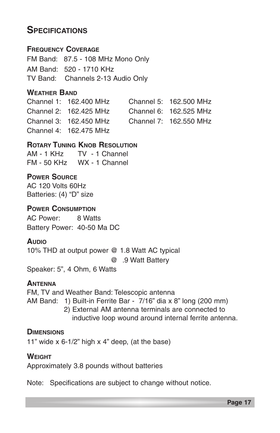 Specifications | C. Crane CCRadio User Manual | Page 17 / 21