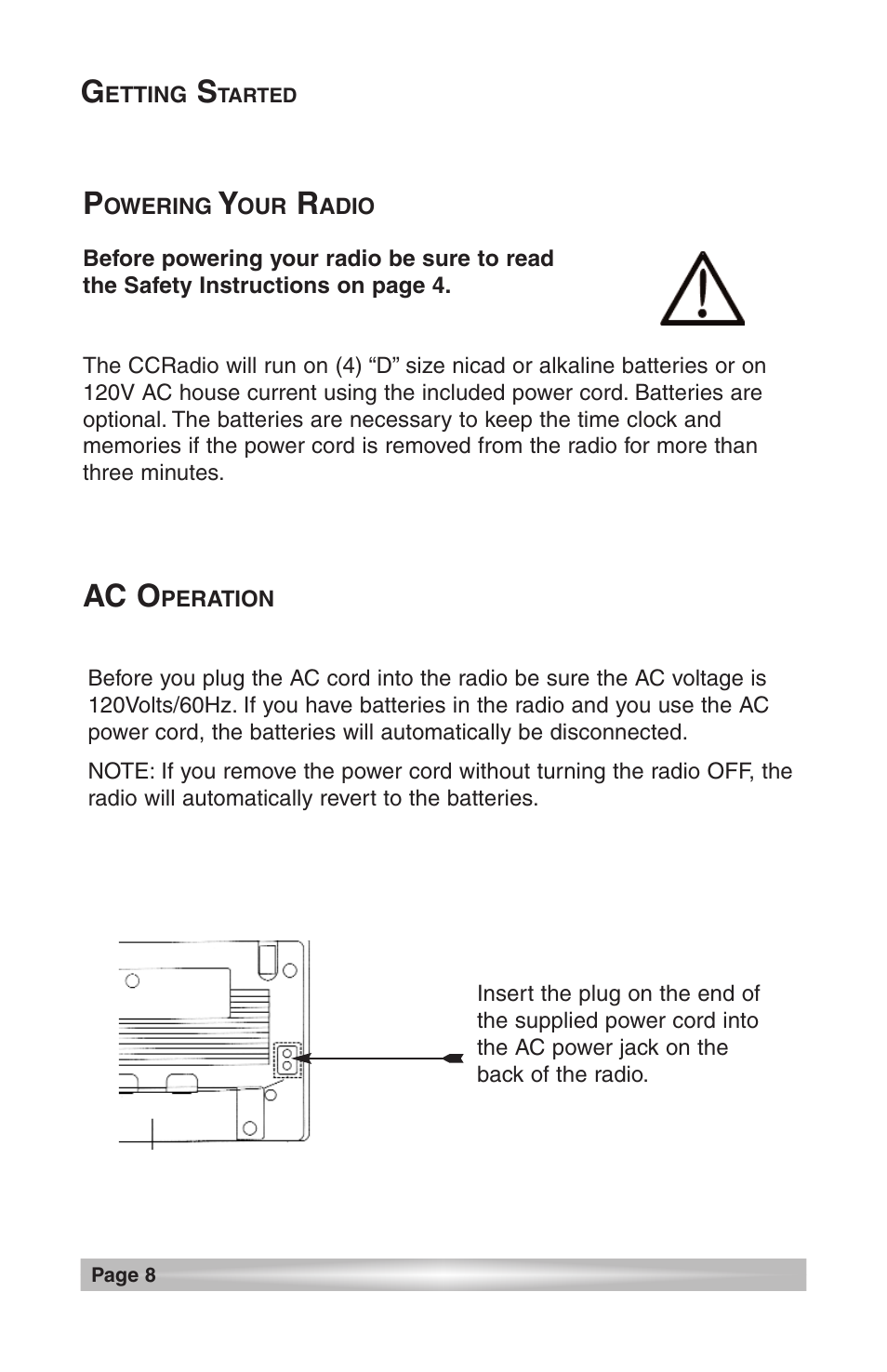 Getting started, Powering your radio, Ac operation | Ac o | C. Crane CCRadio User Manual | Page 8 / 21