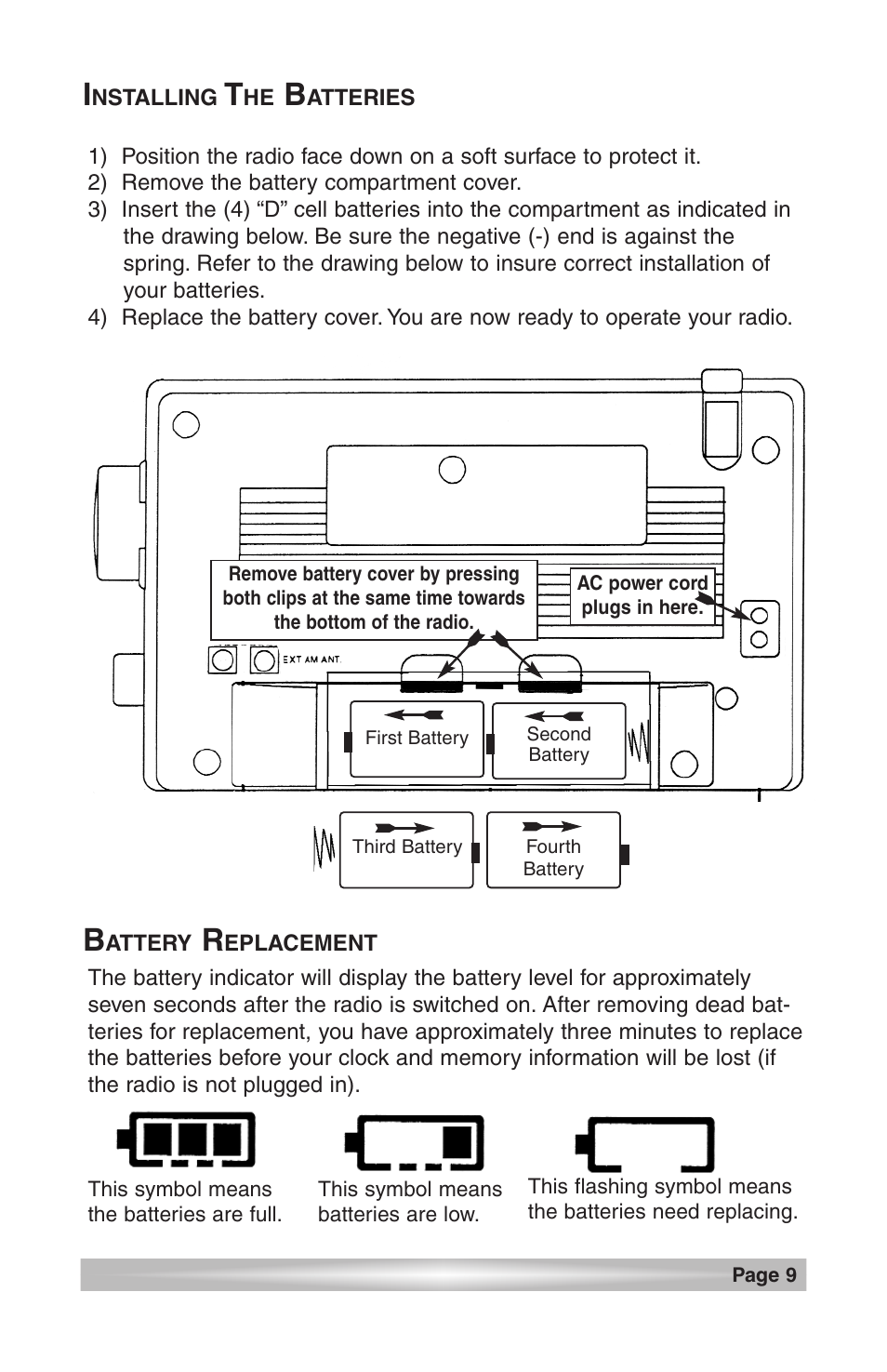 Installing the batteries, Battery replacement | C. Crane CCRadio User Manual | Page 9 / 21