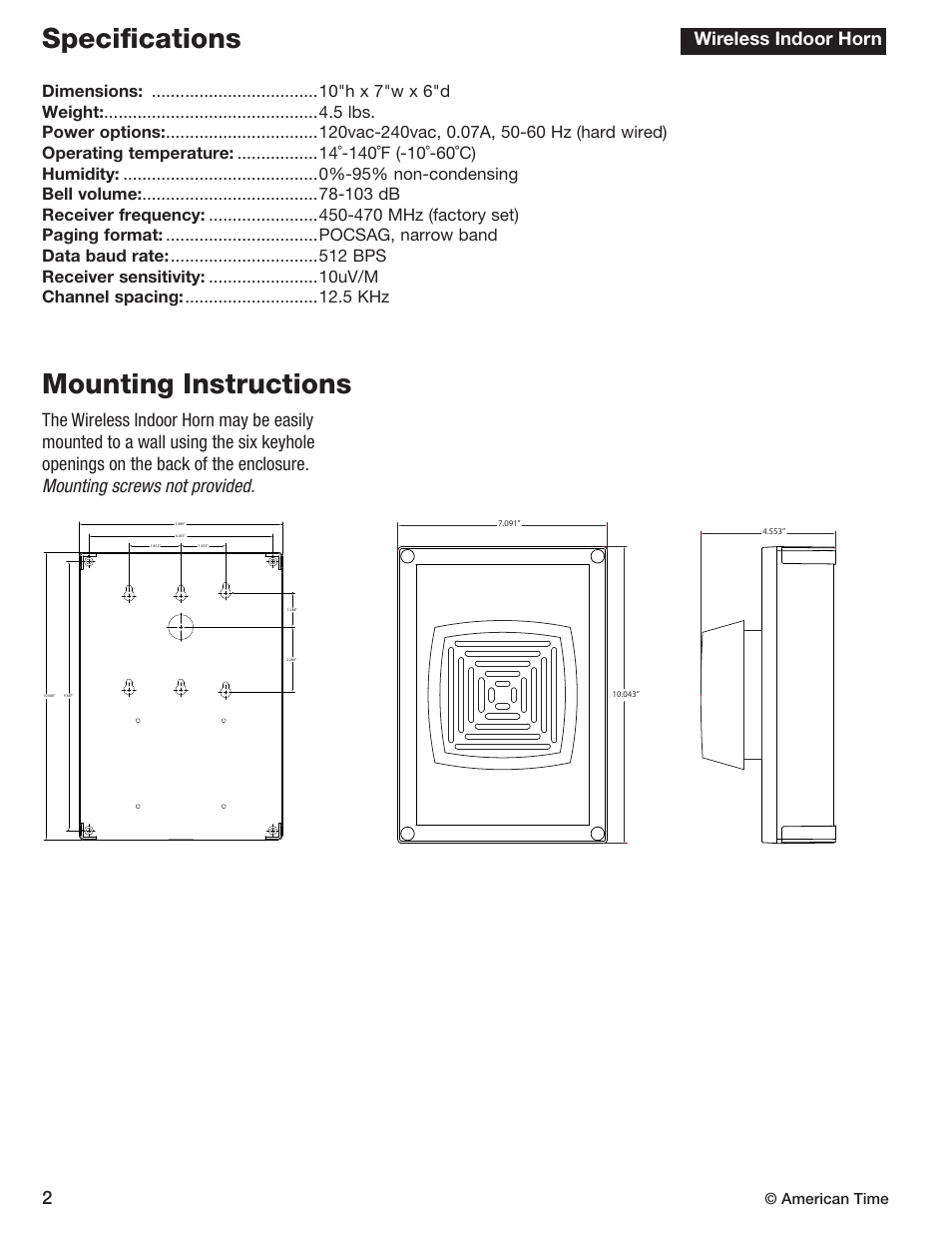 Specifications mounting instructions, Wireless indoor horn, American time | American Time Wireless Indoor Horn User Manual | Page 4 / 6