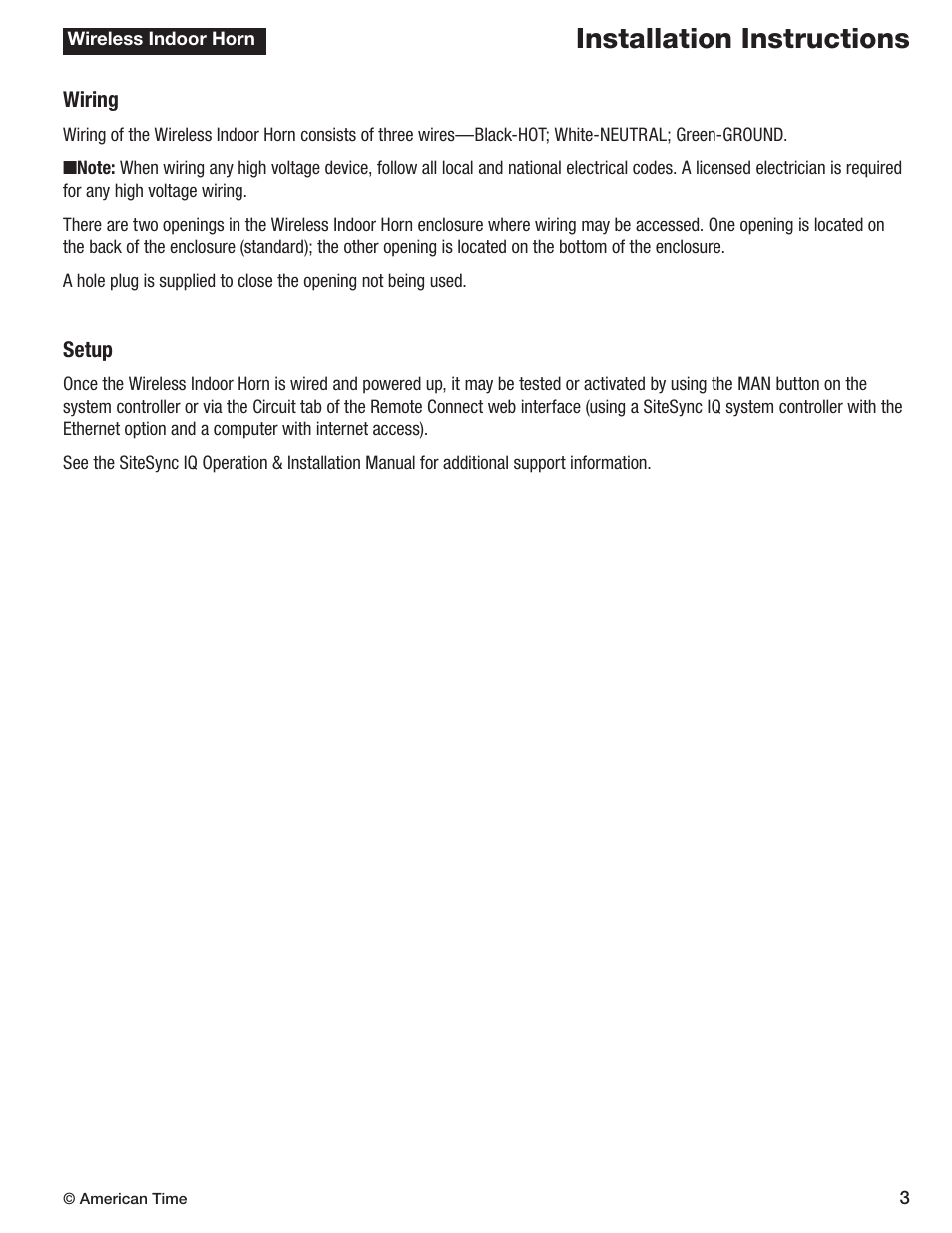 Installation instructions | American Time Wireless Indoor Horn User Manual | Page 5 / 6