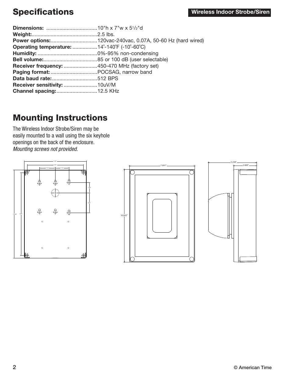 Specifications mounting instructions, Wireless indoor strobe/siren, Dimensions: "h x 7"w x 5 | American time | American Time Wireless Indoor Strobe/Siren User Manual | Page 4 / 7