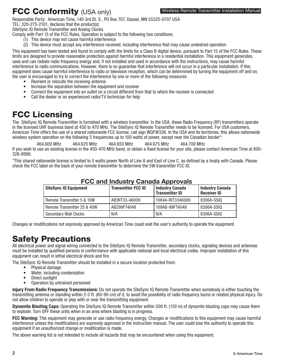 Fcc conformity, Safety precautions fcc licensing, Usa only) | Fcc and industry canada approvals | American Time Wireless Remote Transmitter User Manual | Page 2 / 39