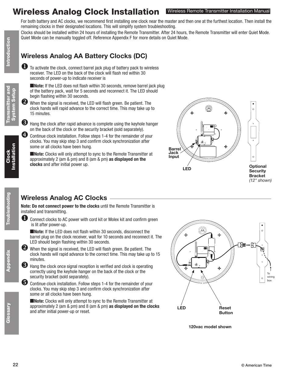 Wireless analog clock installation | American Time Wireless Remote Transmitter User Manual | Page 22 / 39