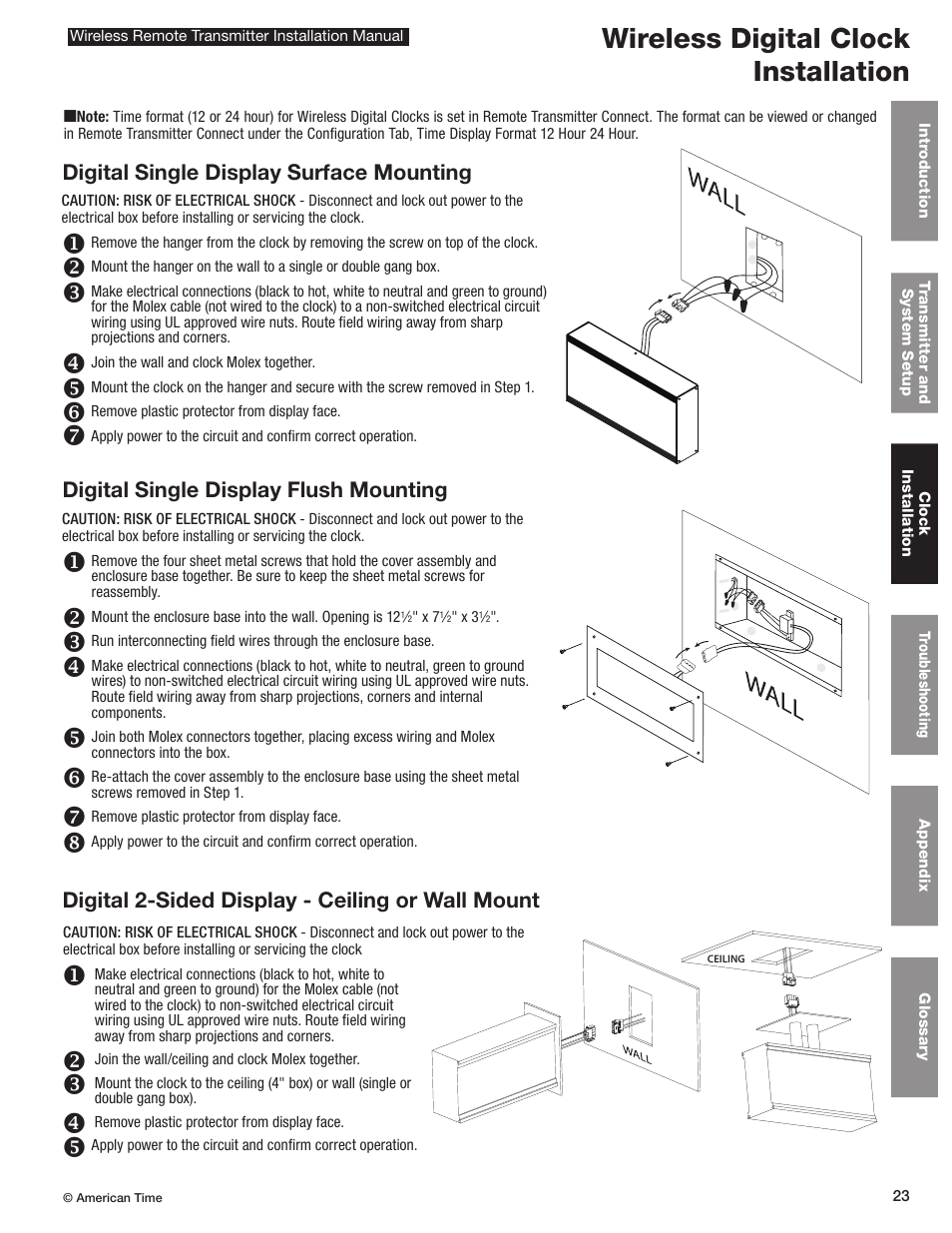 Wireless digital clock installation, Digital single display flush mounting | American Time Wireless Remote Transmitter User Manual | Page 23 / 39