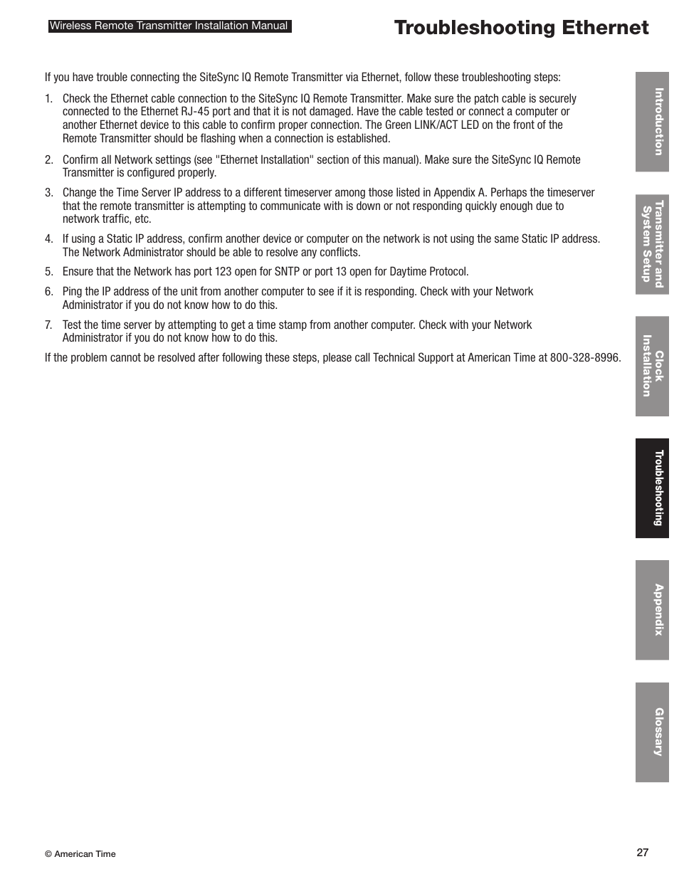 Troubleshooting ethernet | American Time Wireless Remote Transmitter User Manual | Page 27 / 39