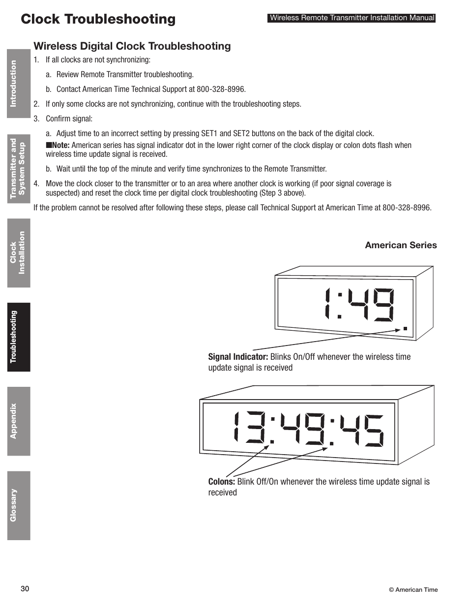Analog clocks, Clock troubleshooting, Wireless digital clock troubleshooting | American Time Wireless Remote Transmitter User Manual | Page 30 / 39