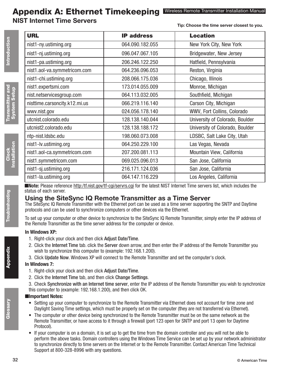 Appendix a: ethernet timekeeping servers, Appendix a: ethernet timekeeping, Nist internet time servers | American Time Wireless Remote Transmitter User Manual | Page 32 / 39