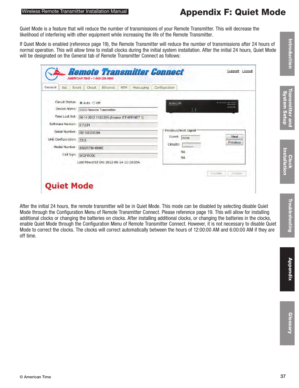 Appendix h: maintenance guide, Appendix f: quiet mode | American Time Wireless Remote Transmitter User Manual | Page 37 / 39