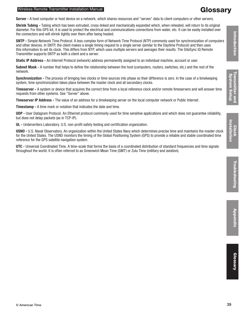 Glossary | American Time Wireless Remote Transmitter User Manual | Page 39 / 39