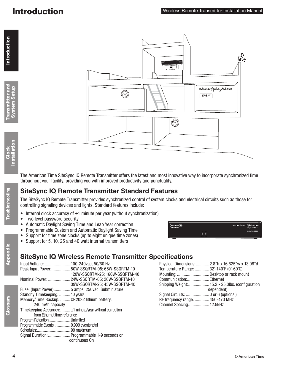 Introduction, System controller specifications, Sitesync iq remote transmitter standard features | American Time Wireless Remote Transmitter User Manual | Page 4 / 39