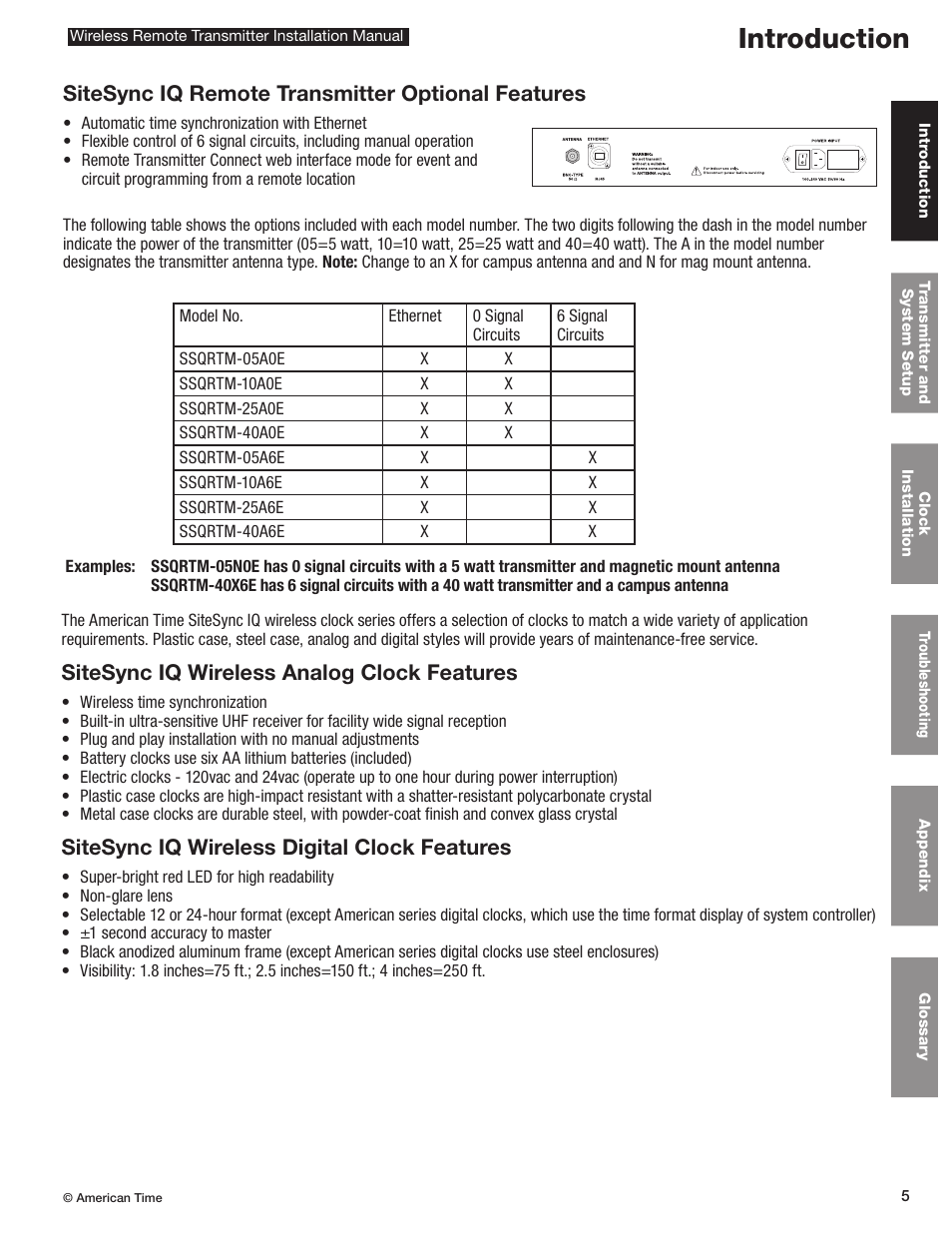 Introduction, Sitesync iq wireless analog clock features, Sitesync iq wireless digital clock features | Sitesync iq remote transmitter optional features | American Time Wireless Remote Transmitter User Manual | Page 5 / 39