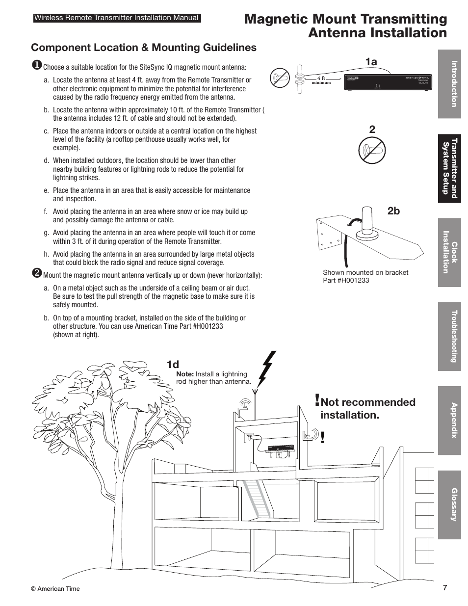 Controller w/magnetic mount transmitting antenna, Magnetic mount transmitting antenna installation, Not recommended installation | Component location & mounting guidelines, 1a 2b 2 1d | American Time Wireless Remote Transmitter User Manual | Page 7 / 39