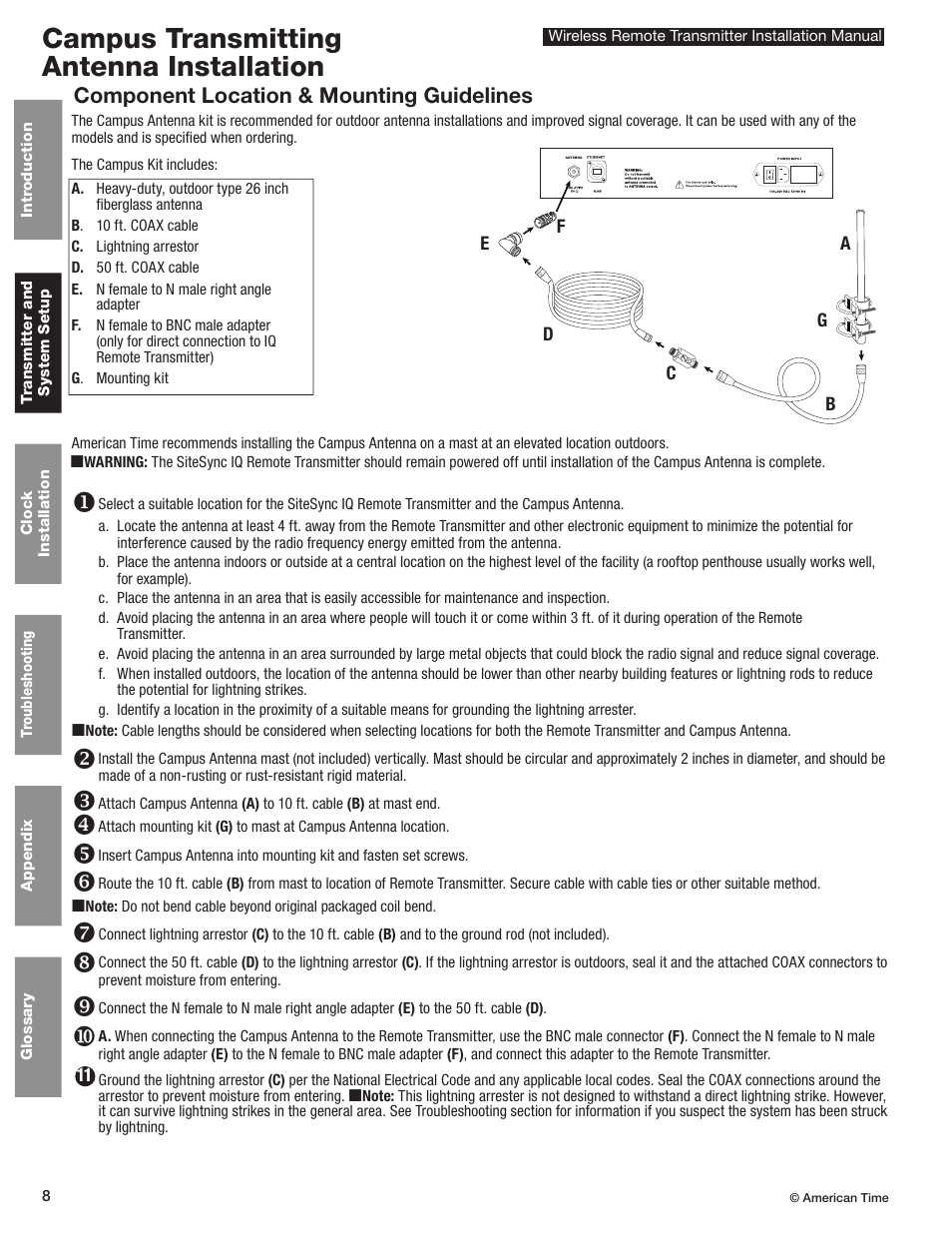 Campus transmitting antenna installation, Component location & mounting guidelines | American Time Wireless Remote Transmitter User Manual | Page 8 / 39