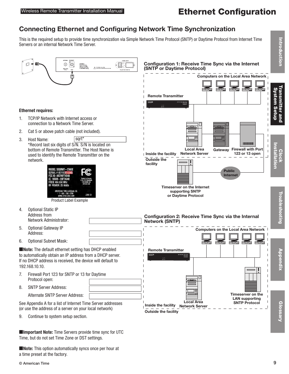 Ethernet configuration | American Time Wireless Remote Transmitter User Manual | Page 9 / 39