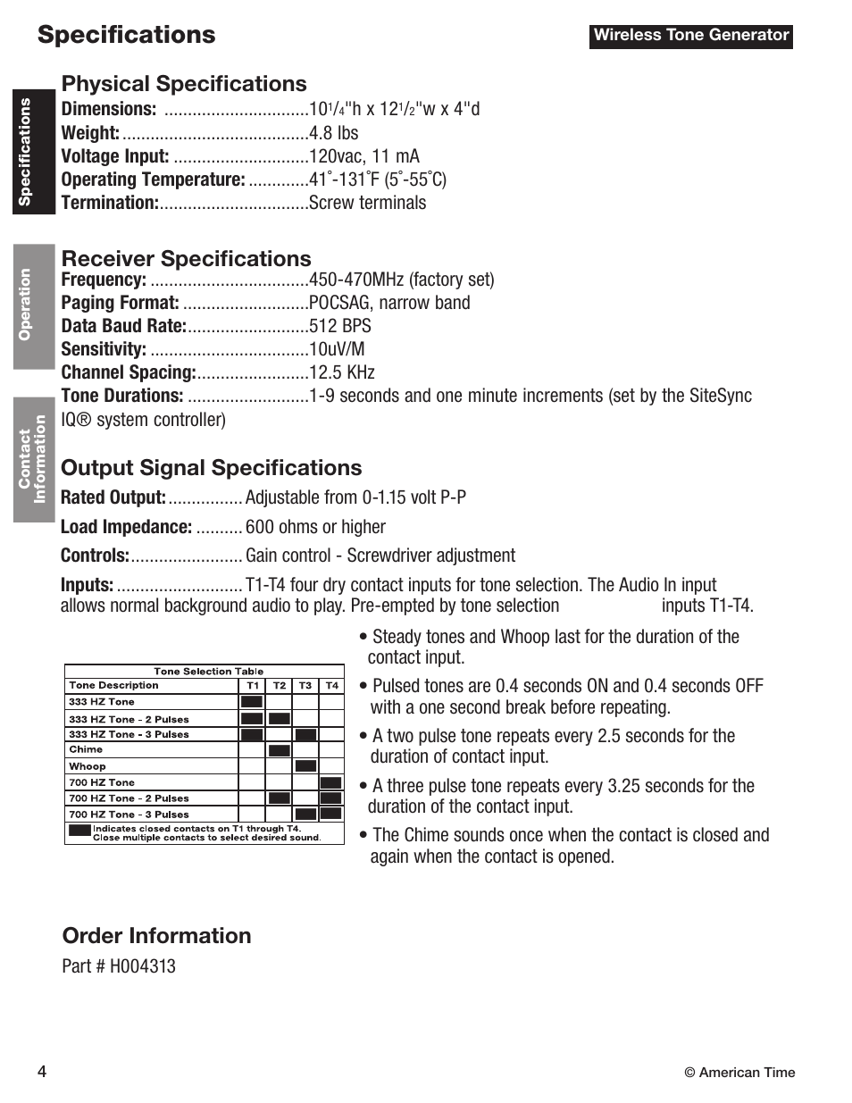 Specifications, Order information | American Time Wireless Tone Generator User Manual | Page 4 / 7