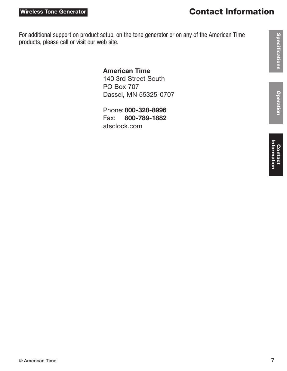 Contact information | American Time Wireless Tone Generator User Manual | Page 7 / 7