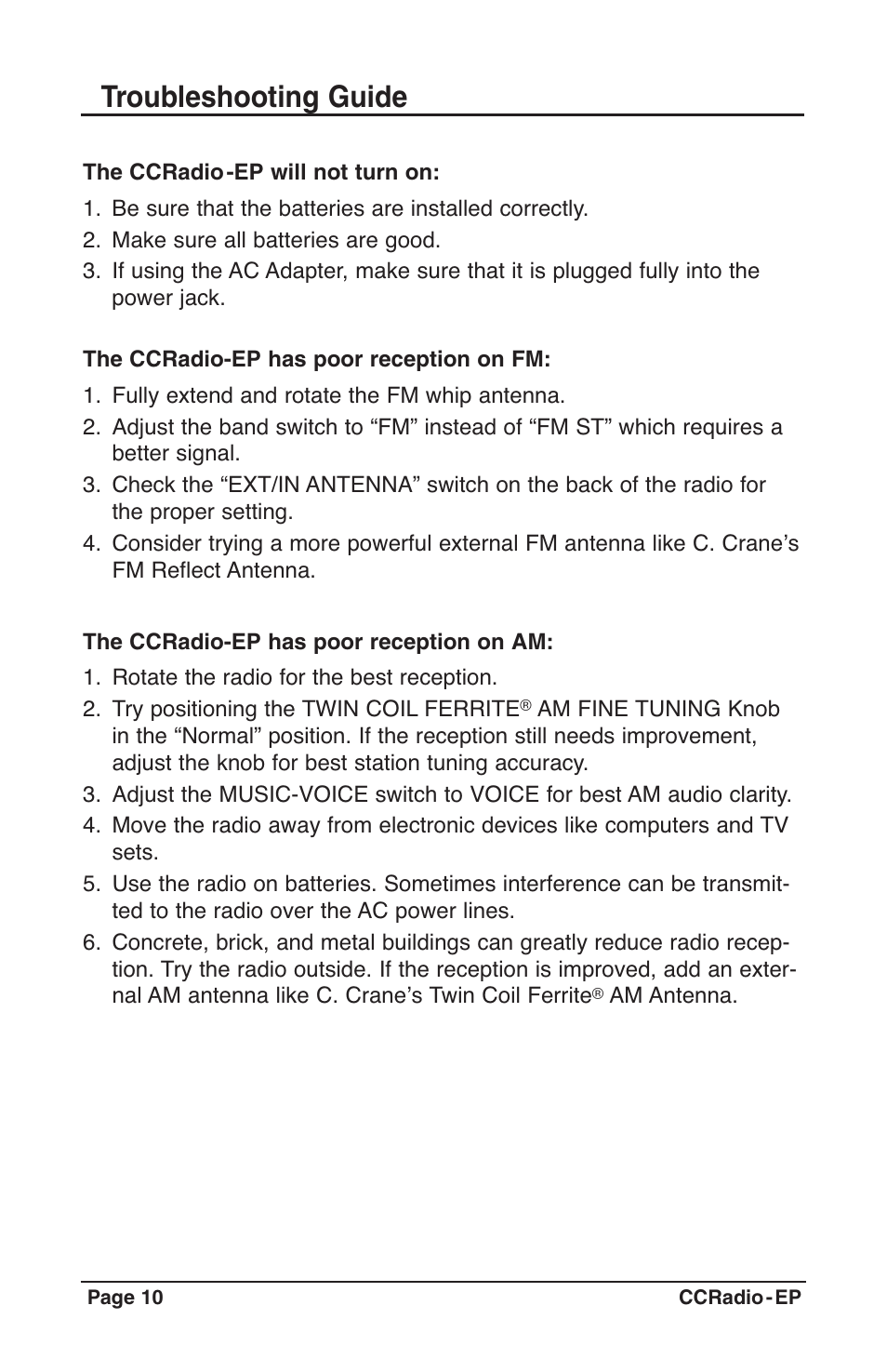 Troubleshooting guide | C. Crane Radio User Manual | Page 10 / 12