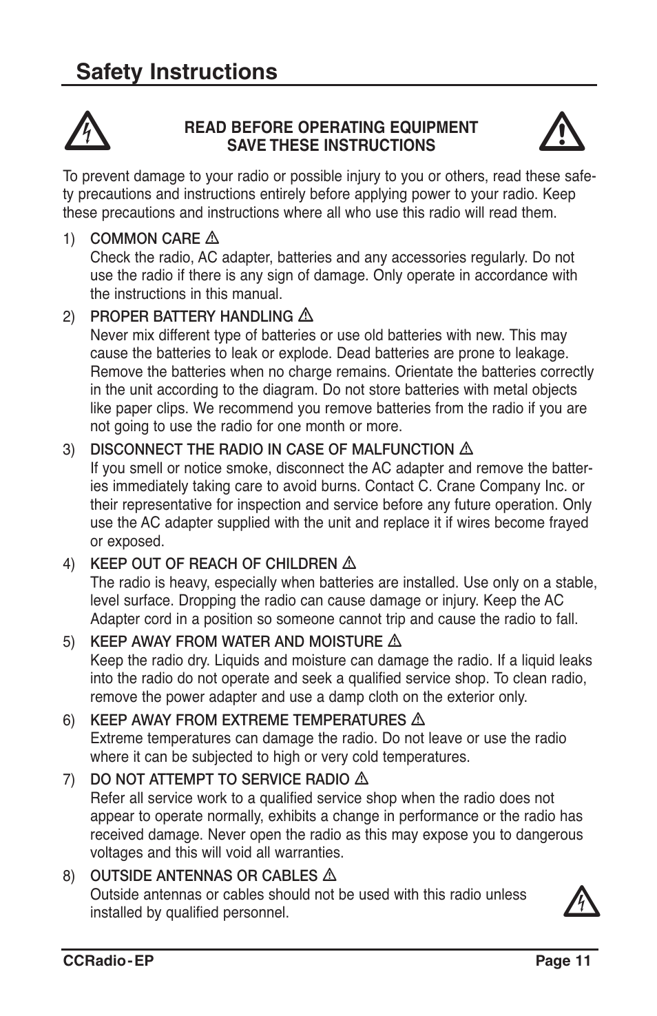 Safety instructions | C. Crane Radio User Manual | Page 11 / 12