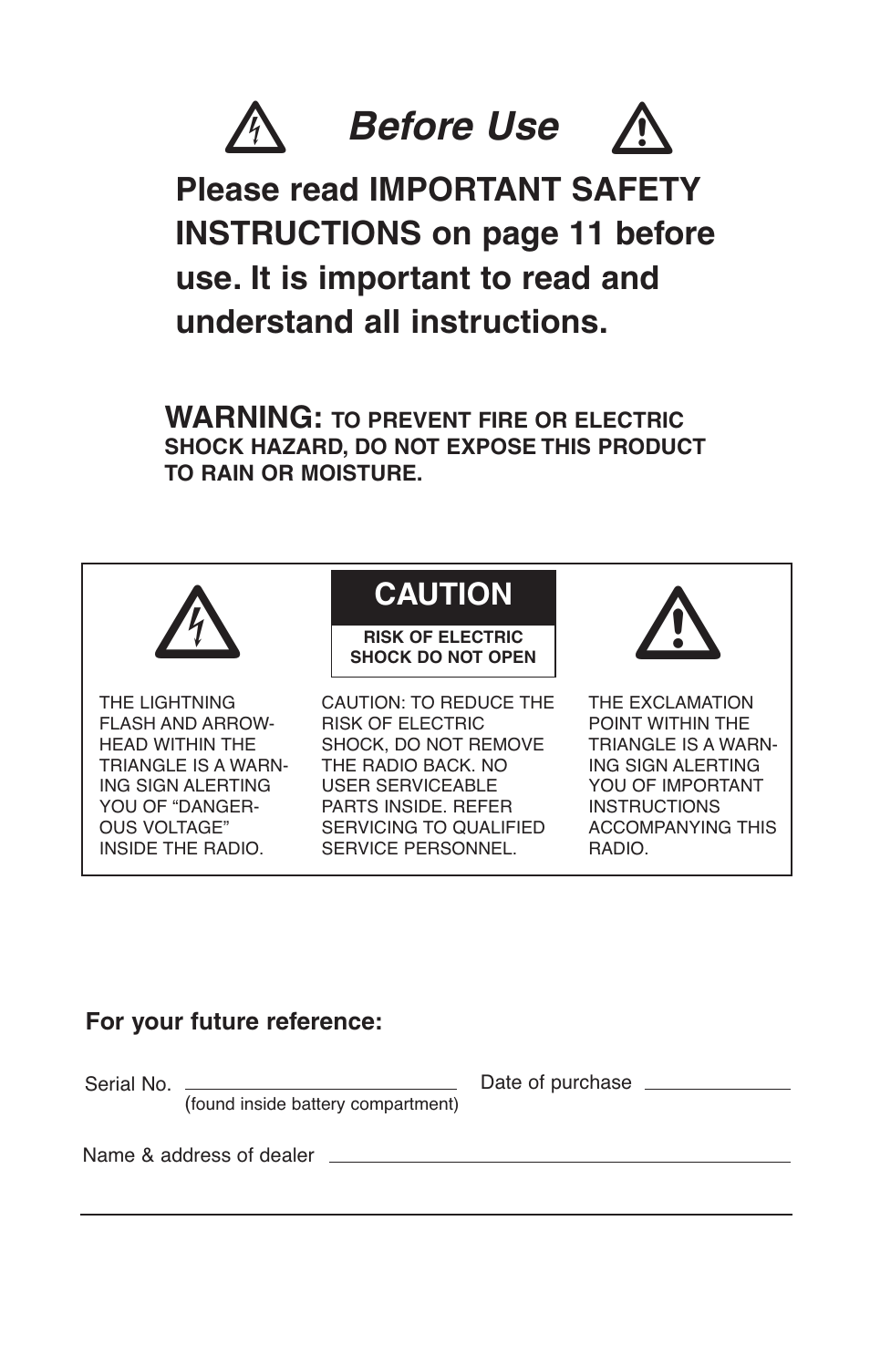 Before use, Warning, Caution | C. Crane Radio User Manual | Page 2 / 12