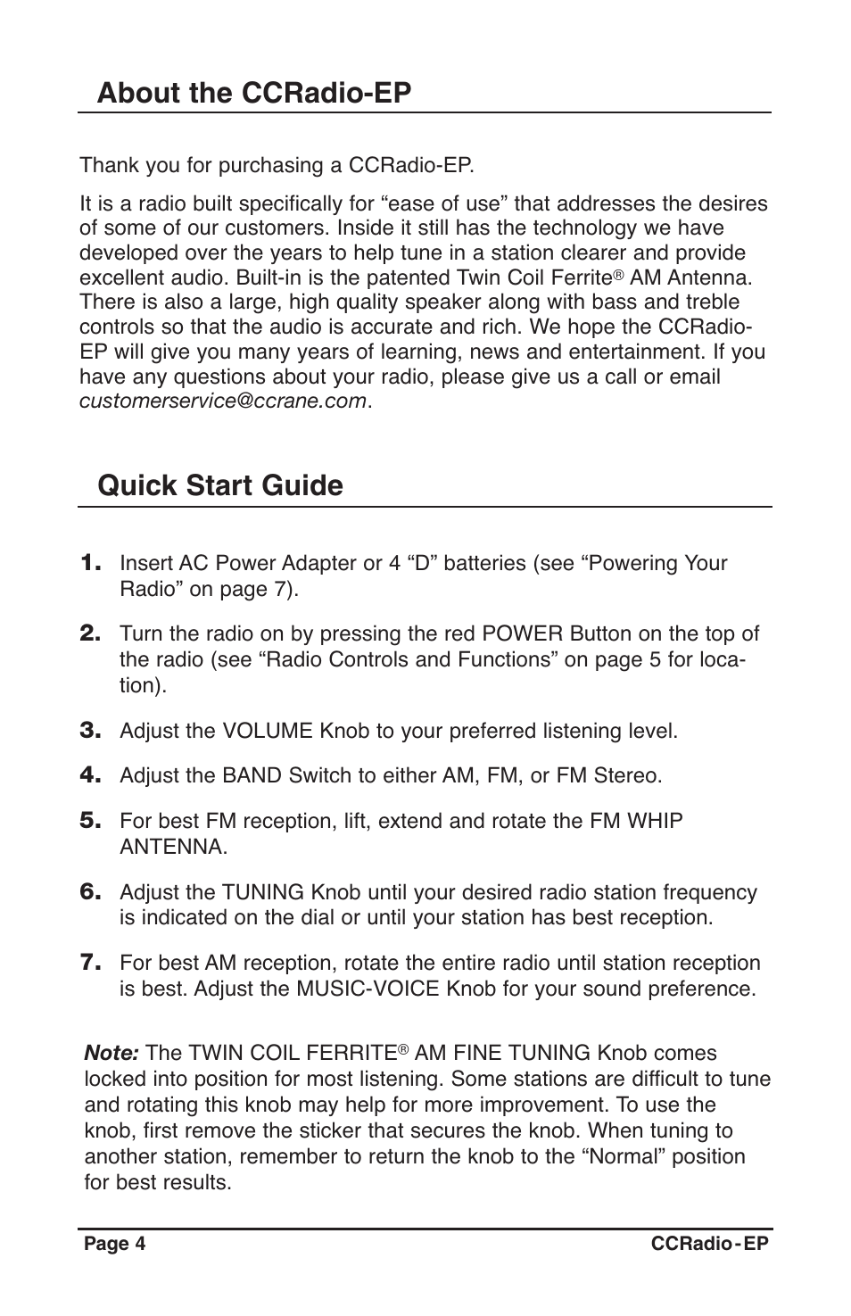 About the ccradio-ep, Quick start guide | C. Crane Radio User Manual | Page 4 / 12