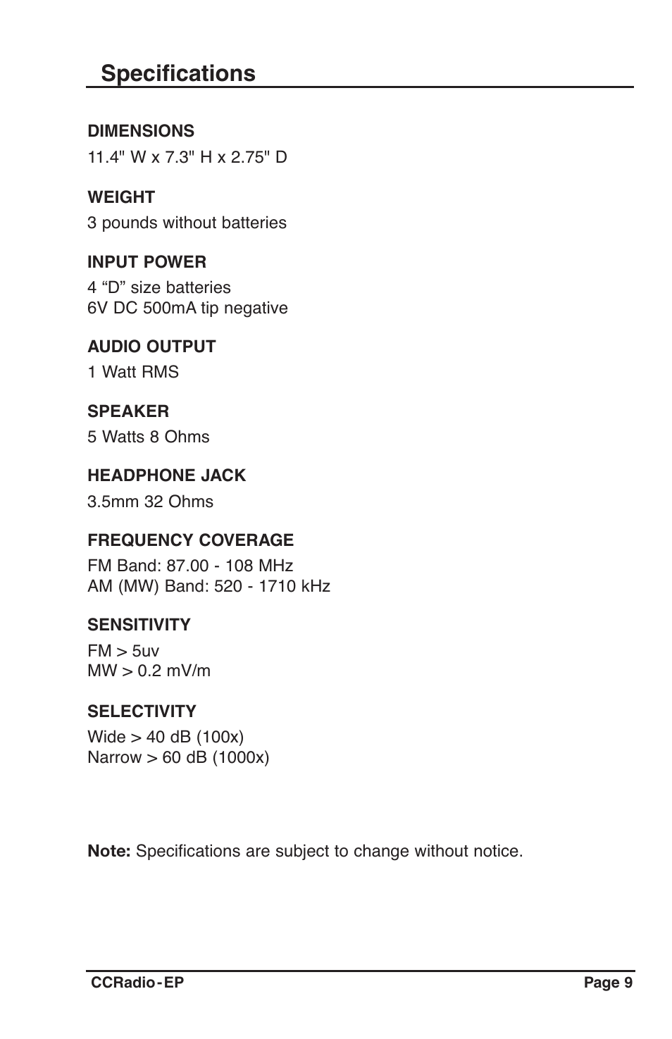 Specifications | C. Crane Radio User Manual | Page 9 / 12