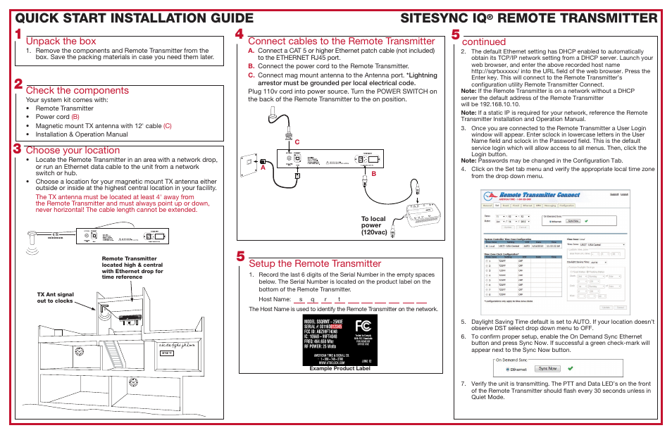Quick start installation guide sitesync iq, Remote transmitter, Unpack the box | Check the components, Choose your location, Connect cables to the remote transmitter, Setup the remote transmitter, Continued | American Time Remote Transmitter 5 Watt User Manual | Page 2 / 2