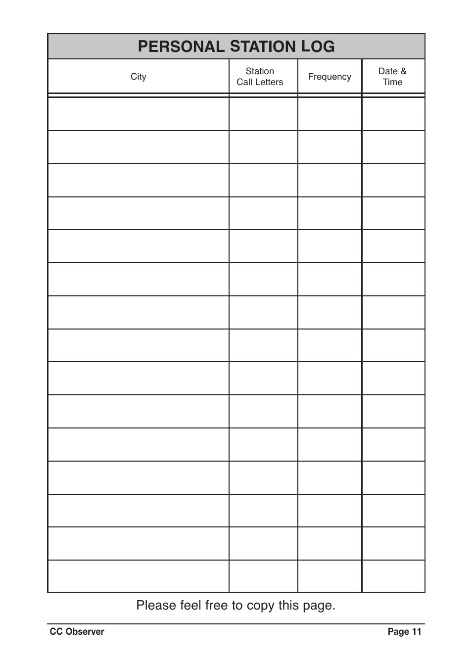 Personal station log, Please feel free to copy this page | C. Crane CC Observer User Manual | Page 11 / 12