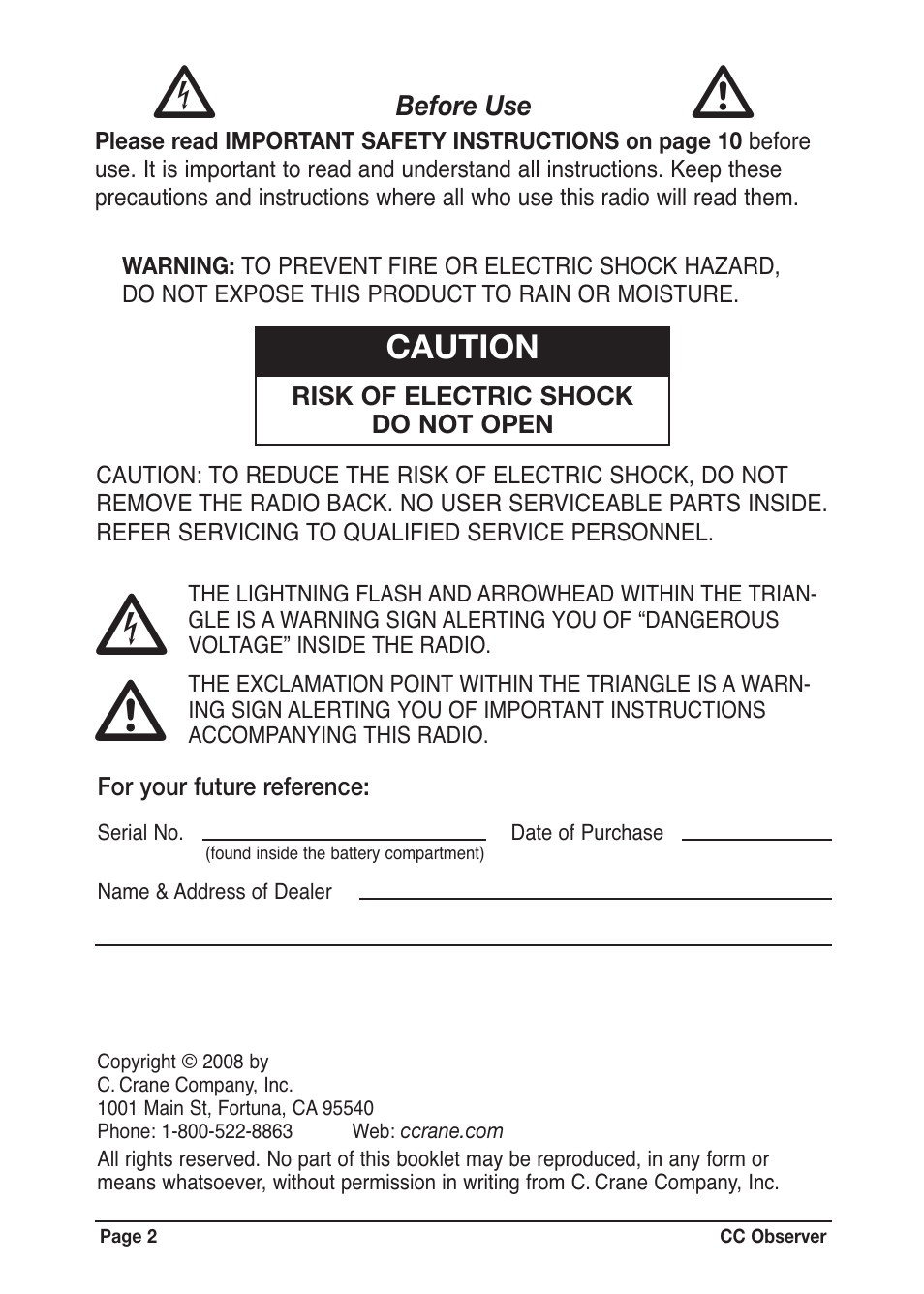 Caution | C. Crane CC Observer User Manual | Page 2 / 12