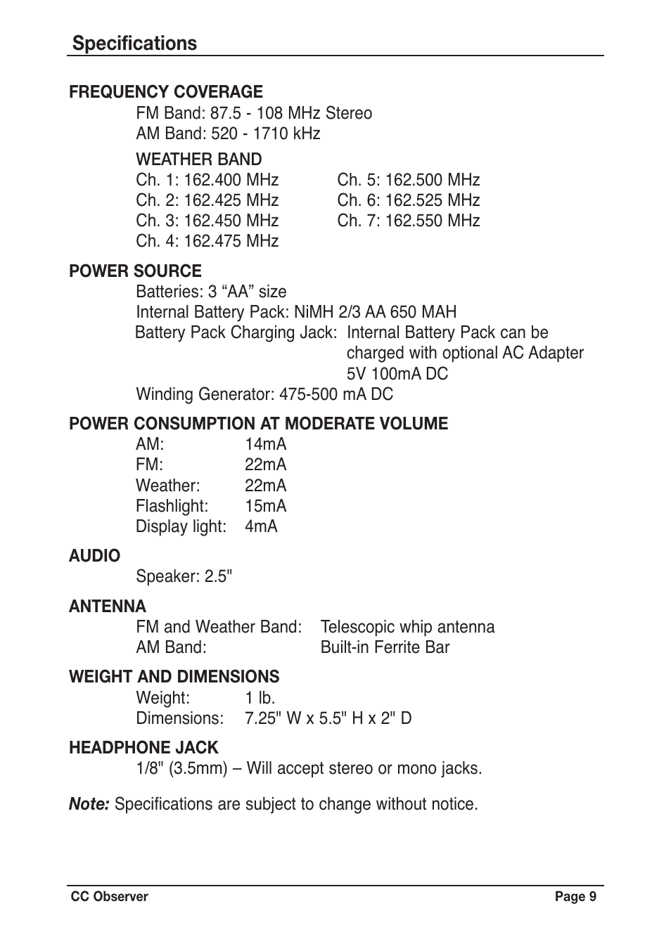 Specifications | C. Crane CC Observer User Manual | Page 9 / 12