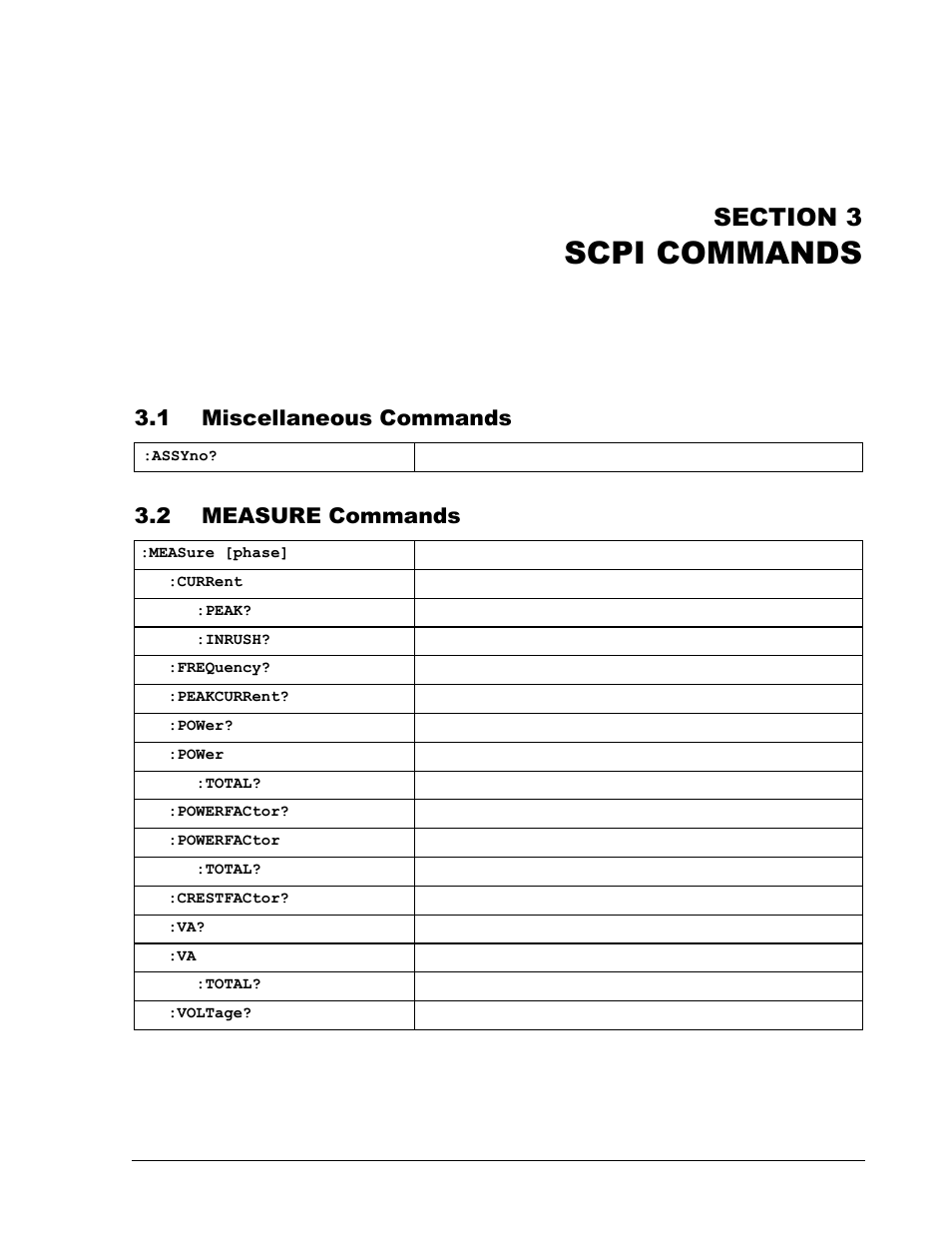 Section 3 scpi commands -1, 1 miscellaneous commands -1, 2 measure commands -1 | Scpi commands, 1 miscellaneous commands, 2 measure commands | AMETEK CW Series Programming Manual User Manual | Page 10 / 25