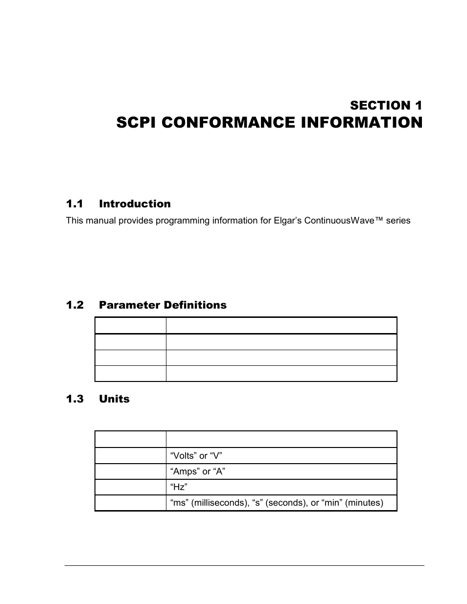 Section 1 scpi conformance information -1, 1 introduction -1, 2 parameter definitions -1 | 3 units -1, Scpi conformance information | AMETEK CW Series Programming Manual User Manual | Page 6 / 25