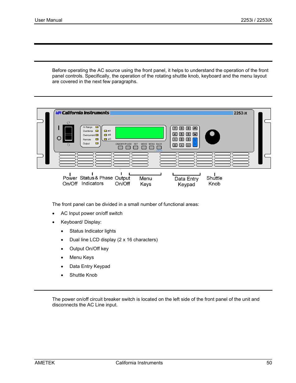 Front panel operation | AMETEK Compact IX 2253 User Manual | Page 50 / 157