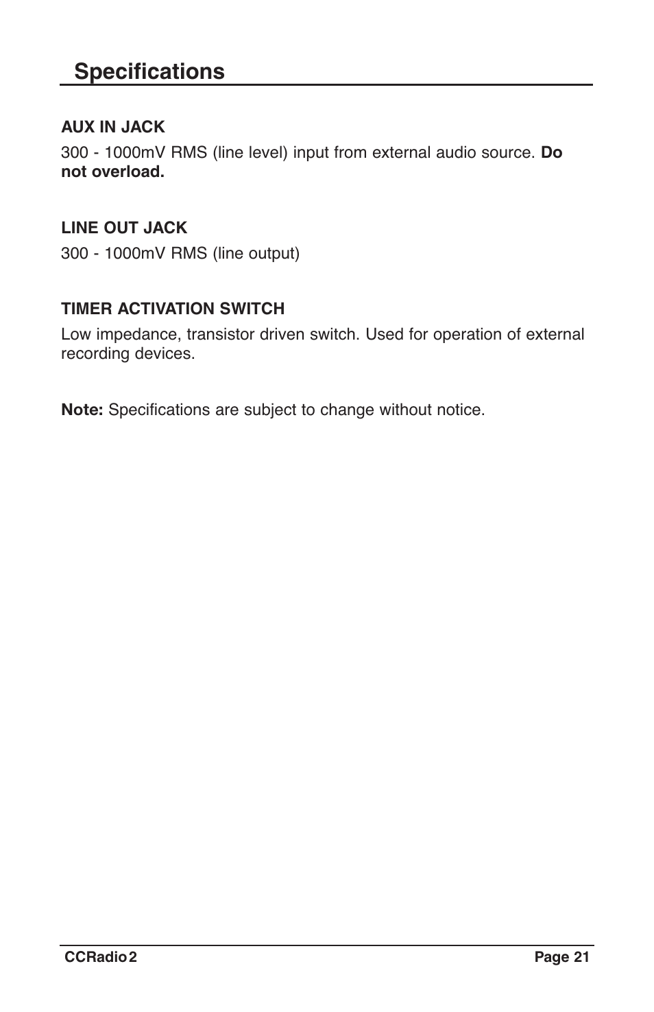 21_manual_ccradio2_rev1.4, Specifications | C. Crane CC Radio 2 User Manual | Page 21 / 32